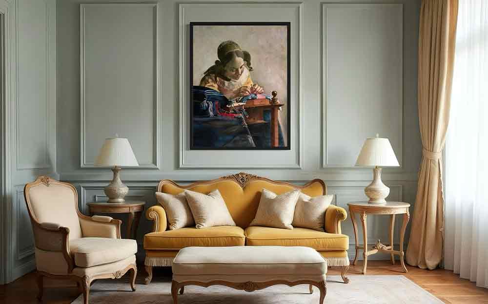 Reproducción de "La encajera" de Vermeer, en decoración