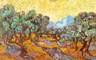 Olivos con cielo amarillo y sol de Van Gogh