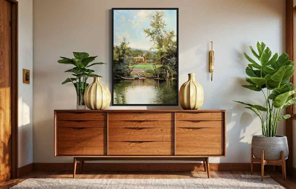 Reproducción de un paisaje de Emilio Sánchez Perrier, "Dos jóvenes pescando", en decoración