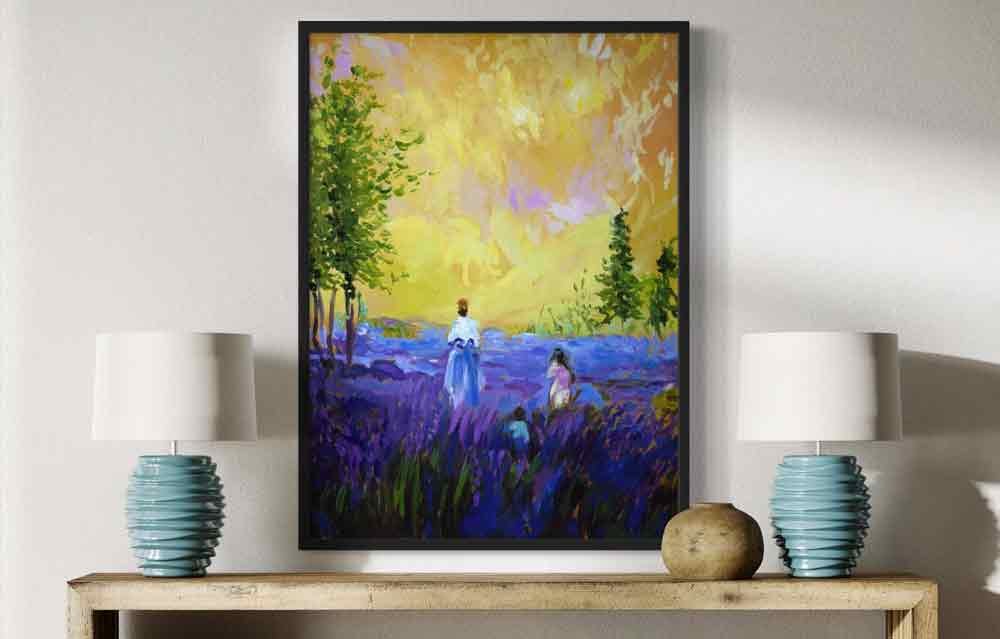 Reproducción de "Campos de lavanda" de Pissarro, en decoración