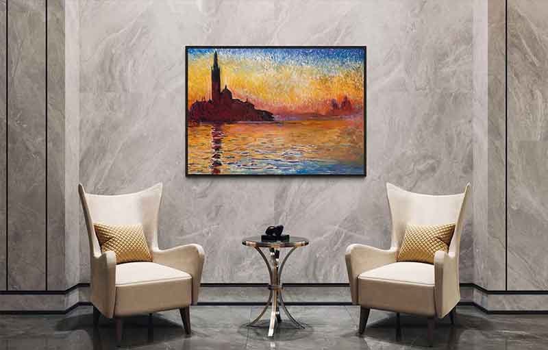 Reproducción de "Crepúsculo en San Giorgio Maggiore" de Monet en decoración