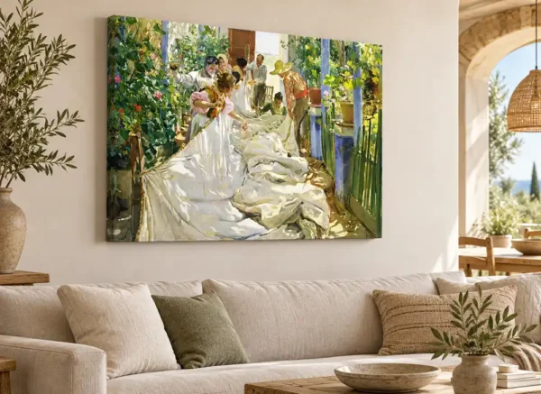 Reproducción de Cosiendo la vela de Sorolla con bastidor de 4 cm