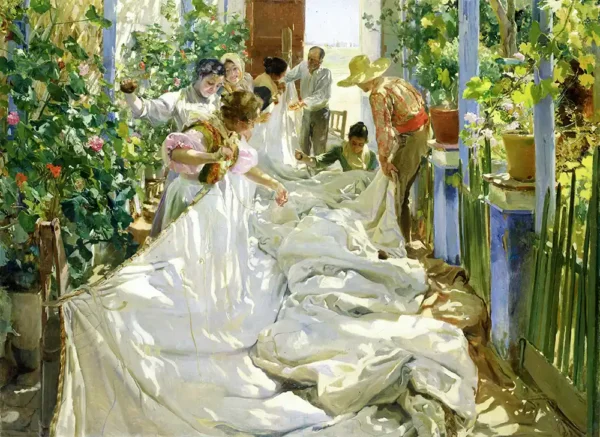Reproducción de Cosiendo la vela de Joaquín Sorolla