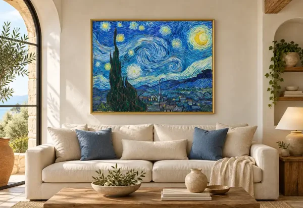 Reproducción de La noche estrellada de Van Gogh con marco en un salón