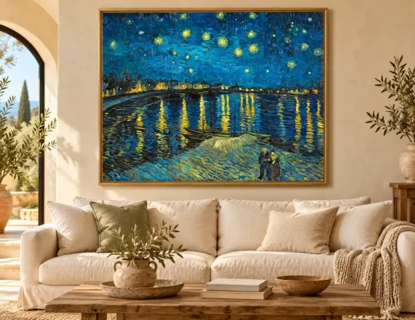 Reproducción enmarcada de La noche estrellada sobre el Ródano de Van Gogh en un salón.