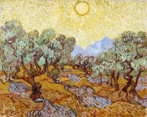 Olivos con cielo amarillo y sol de Van Gogh