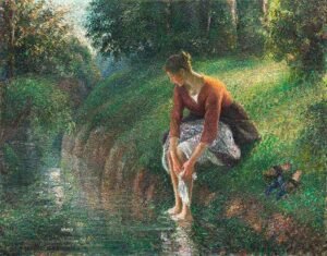 "Mujer bañándose los pies en un arroyo" de Pissarro