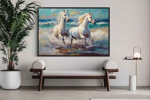 "Caballos blancos corriendo por la playa" de Copiamuseo en decoración