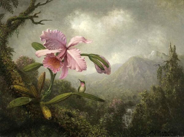 "Orquídea y colibrí cerca de una cascada" de Martin Johnson Heade