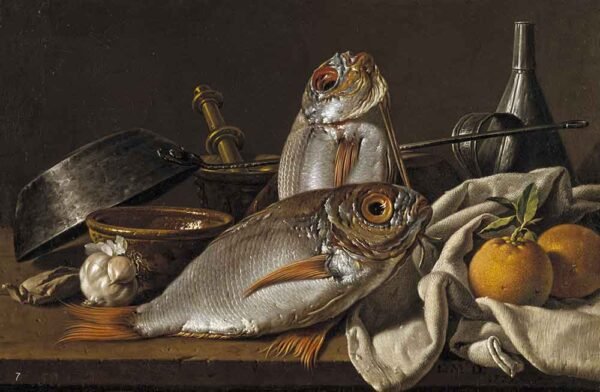 "Bodegón con doradas, naranjas, ajo, condimentos y utensilios de cocina" de Luis Egidio Meléndez