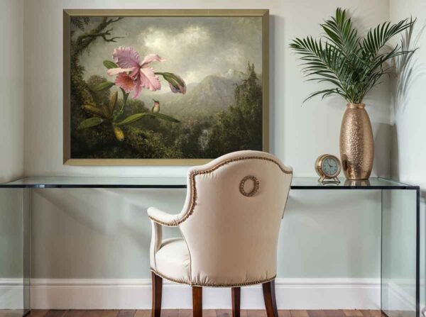 "Orquídea y colibrí cerca de una cascada" de Martin Johnson Heade en decoración