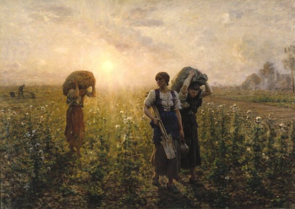 Reproducción al óleo de El fin de la jornada laboral de Jules Breton pintada a mano sobre lienzo.