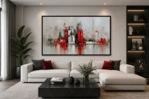 "Nueva York en rojo" de Copiamuseo, decorando el salón. Cuadros al óleo pintados a mano.
