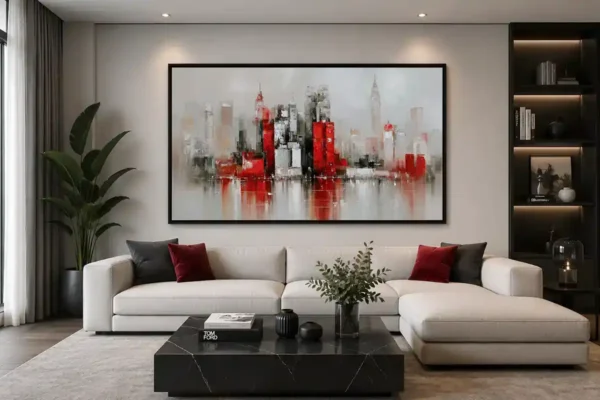 "Nueva York en rojo" de Copiamuseo, decorando el salón. Cuadros al óleo pintados a mano.