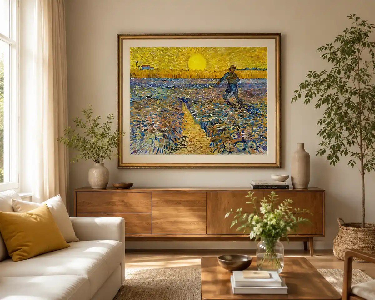 reproduccion de El sembrador a la puesta de sol con marco Reproducción pintada a mano sobre lienzo, de "El sembrador a la puesta de sol" de Van Gogh