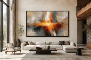 Cuadro abstracto al óleo La fuente de luz en tonos cálidos y grises, decoración con marco.
