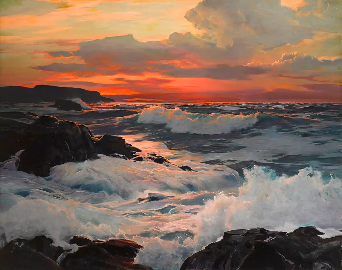 Reproducción al óleo pintada a mano de La puesta de sol de Frederick Judd Waugh con olas rompiendo sobre las rocas al atardecer. Cuadros de marinas.