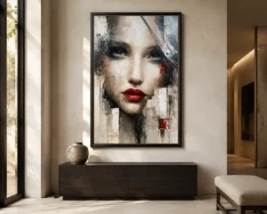 Mirada escarlata con marco en decoración. Cuadros modernos y decorativos