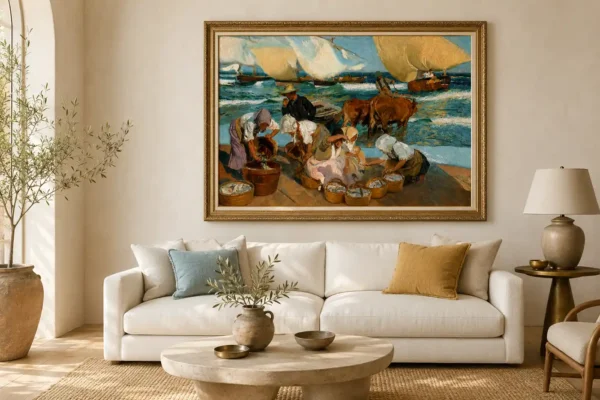 Playa de Valencia, sol de tarde de Sorolla, con marco en decoración de salón