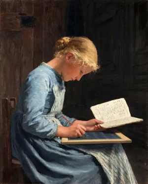 Aplicada (Fleissing) de Albert Anker, joven realizando sus tareas escolares