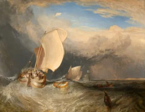 Barcos de pesca con vendedores ambulantes regateando por el pescado de William Turner. Cuadros al óleo. Romanticismo.