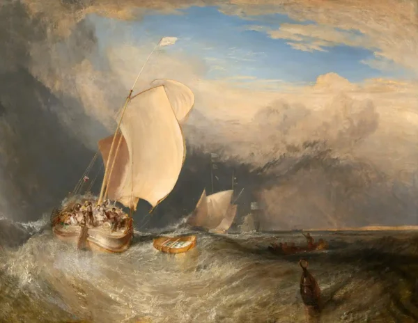 Barcos de pesca con vendedores ambulantes regateando por el pescado de William Turner. Cuadros al óleo. Romanticismo.