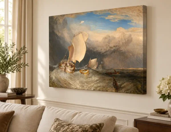 Barcos de pesca con vendedores ambulantes regateando por el pescado de William Turner con bastidor de 4 cm. Cuadros al óleo.