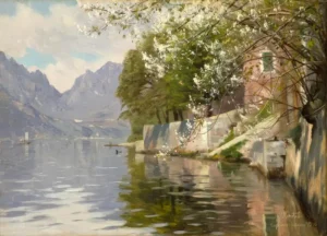 Dia de primavera en el lago de Lugano de Peder Mork Monsted. Cuadros al óleo de paisajes