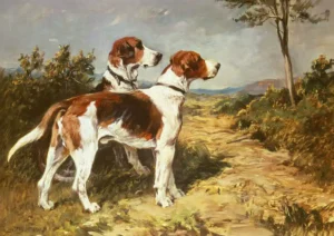 Dos sabuesos en un paisaje, de John Emms. Cuadros al óleo de perros de caza