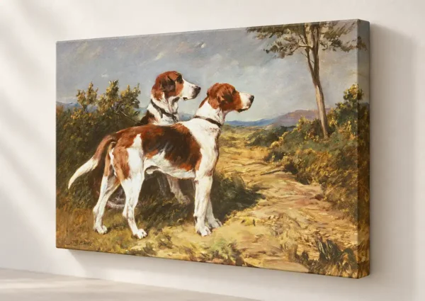 Dos sabuesos en un paisaje de John Emms con bastidor de 4 cm. Cuadros al óleo de perros.