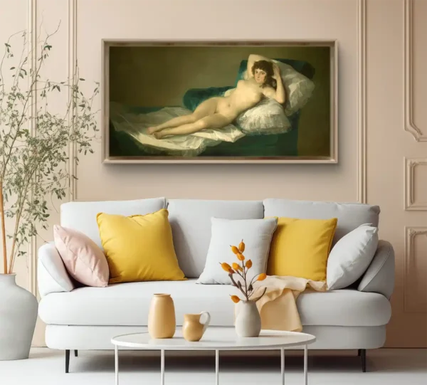 La maja desnuda de Goya con marco en decoración. Reproducciones de cuadros al óleo. Romanticismo.