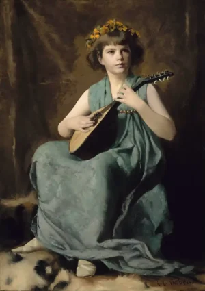 Reproducción al óleo de Marion Hiller Fenno con mandolina de Edmund Charles Tarbell