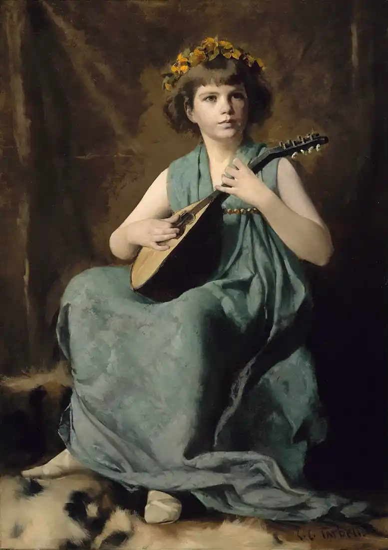 Reproducción al óleo de Marion Hiller Fenno con mandolina de Edmund Charles Tarbell