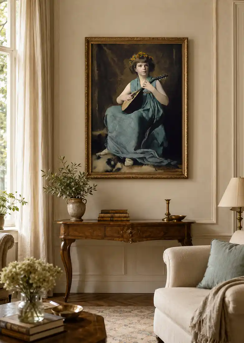 Marion Hiller Fenno con mandolina de Edmund Charles Tarbell con marco en decoración