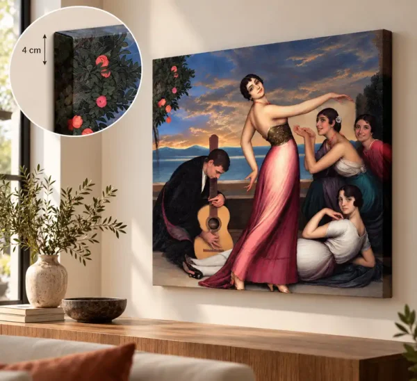 Alegrías de Julio Romero de Torres sobre lienzo con bastidor de 4 cm, detalle de la esquina superior izquierda
