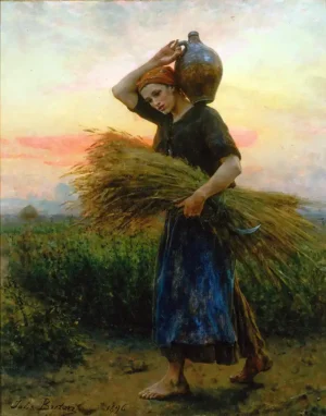 Amanecer de Jules Breton, cuadro al óleo de 1896 con una campesina llevando espigas al amanecer