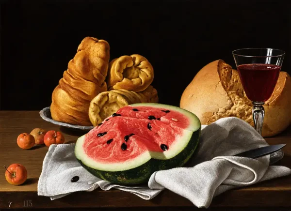 Bodegón con sandía y acerolas, quesos, pan y vino de Luis Egidio Meléndez, reproducción al óleo pintada a mano