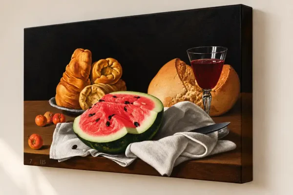 Bodegón con sandía y acerolas, quesos, pan y vino de Luis Egidio Meléndez con bastidor de 4 cm