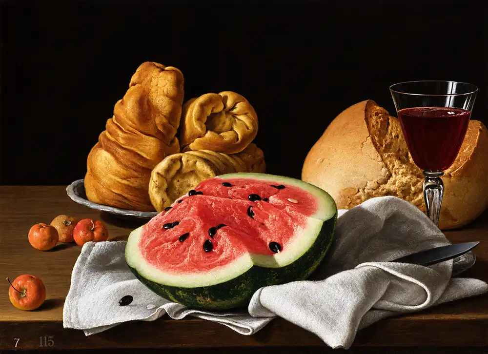 Bodegón con sandía y acerolas, quesos, pan y vino de Luis Egidio Meléndez, reproducción al óleo pintada a mano