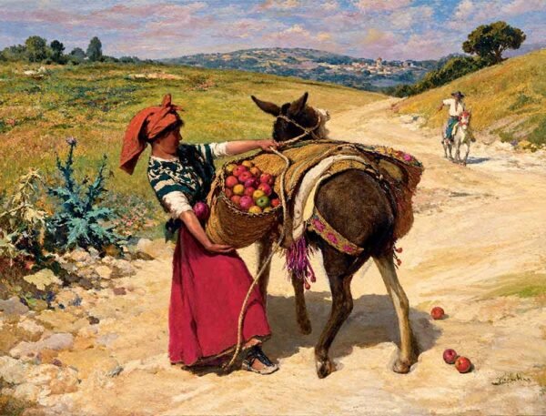 Cargando alforjas, de Inocencio Medina Vera. Reproducción al óleo pintada a mano.