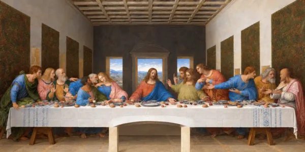 La última cena de Leonardo da Vinci, reinterpretación pintada a mano al óleo sobre lienzo