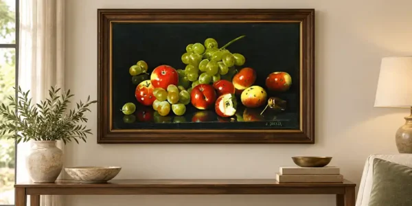 Reproducciones al óleo. Naturaleza muerta con manzanas silvestres y uvas de Joseph Decker con marco.